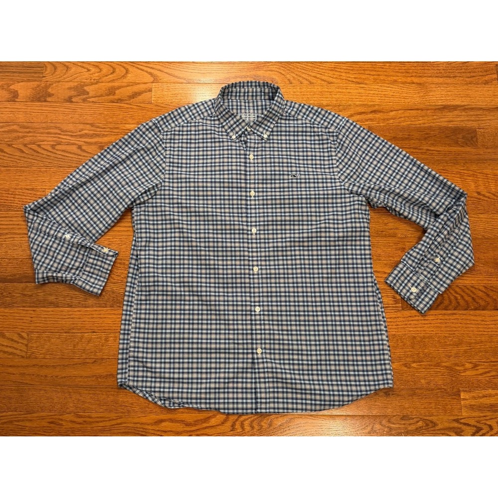 Vineyard Vines Performance Button Down Shirt Mens Large Stretch Blue Check Whale - Picture 2 of 8